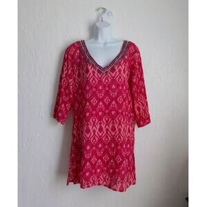 NF Pink Tunic Top Pullover Women size Small Beaded VNeck Coastal Beach Summer